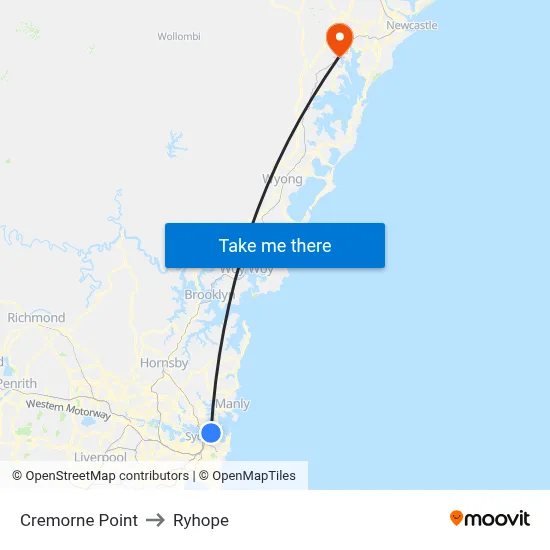 Cremorne Point to Ryhope map