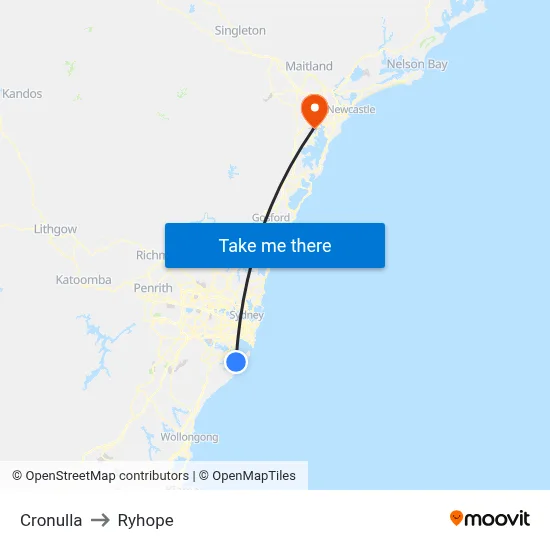 Cronulla to Ryhope map