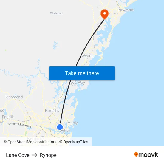 Lane Cove to Ryhope map