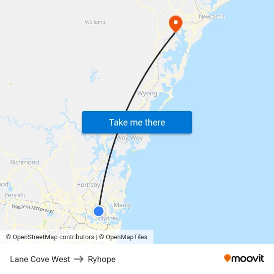 Lane Cove West to Ryhope map