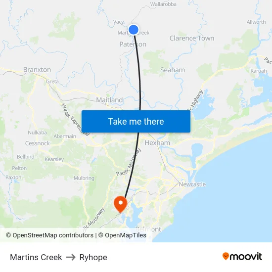 Martins Creek to Ryhope map