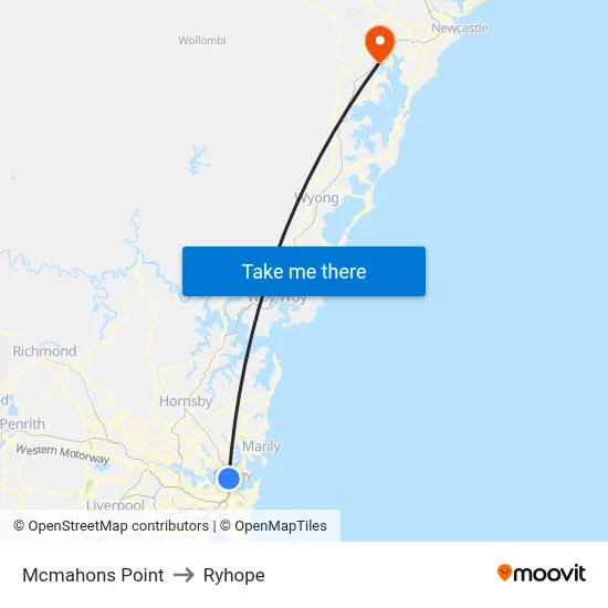Mcmahons Point to Ryhope map
