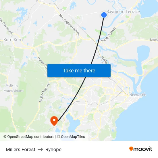 Millers Forest to Ryhope map