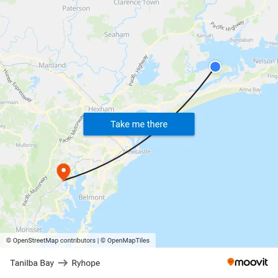 Tanilba Bay to Ryhope map