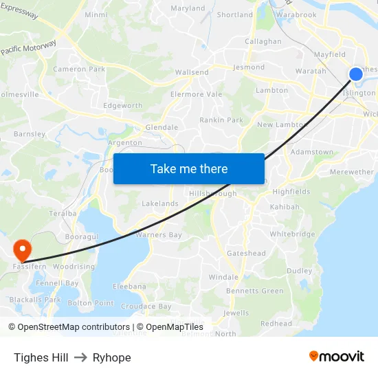 Tighes Hill to Ryhope map