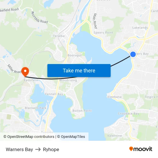 Warners Bay to Ryhope map
