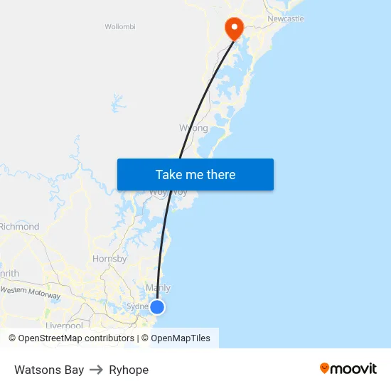 Watsons Bay to Ryhope map