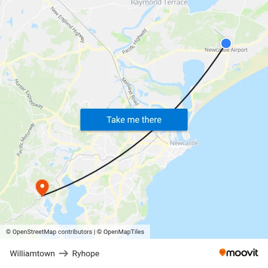 Williamtown to Ryhope map