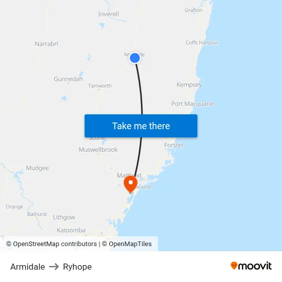 Armidale to Ryhope map