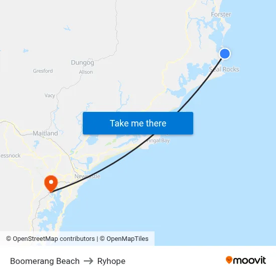Boomerang Beach to Ryhope map