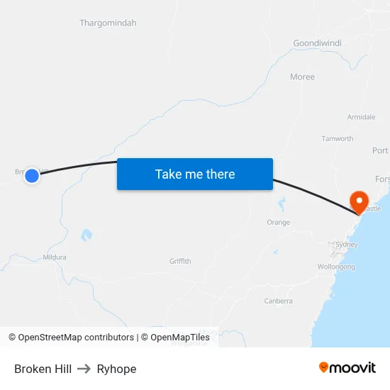 Broken Hill to Ryhope map