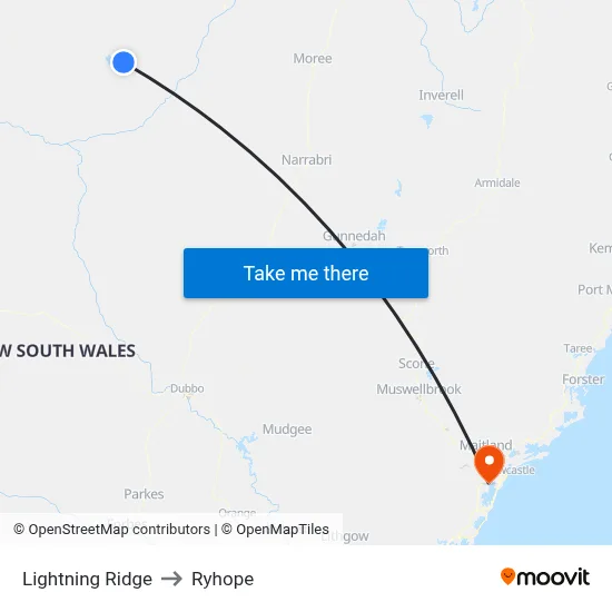 Lightning Ridge to Ryhope map