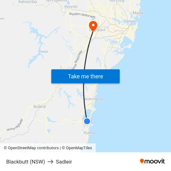Blackbutt (NSW) to Sadleir map