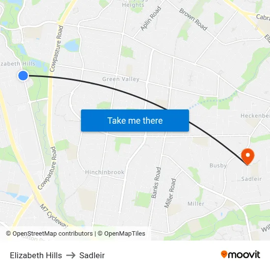 Elizabeth Hills to Sadleir map