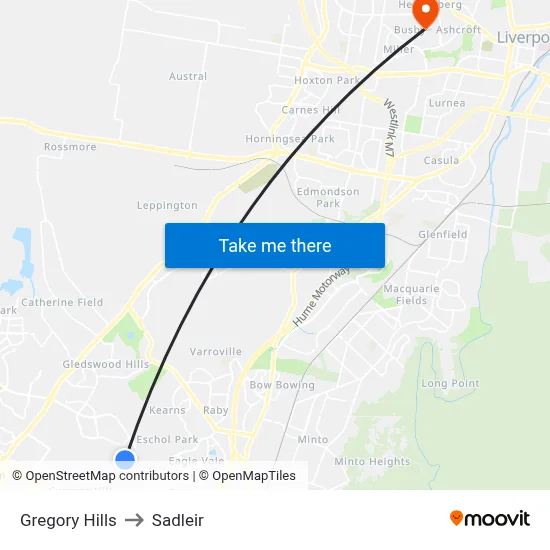 Gregory Hills to Sadleir map