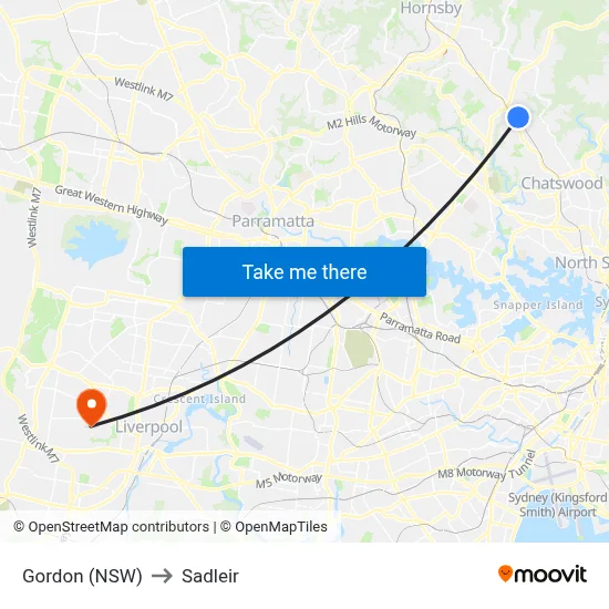 Gordon (NSW) to Sadleir map