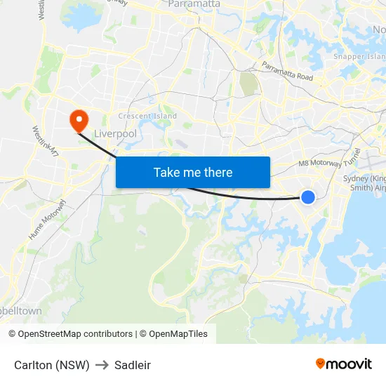 Carlton (NSW) to Sadleir map
