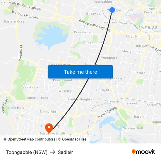 Toongabbie (NSW) to Sadleir map