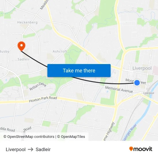 Liverpool to Sadleir map