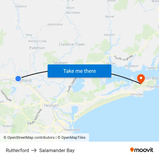 Rutherford to Salamander Bay map