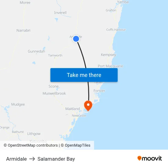 Armidale to Salamander Bay map