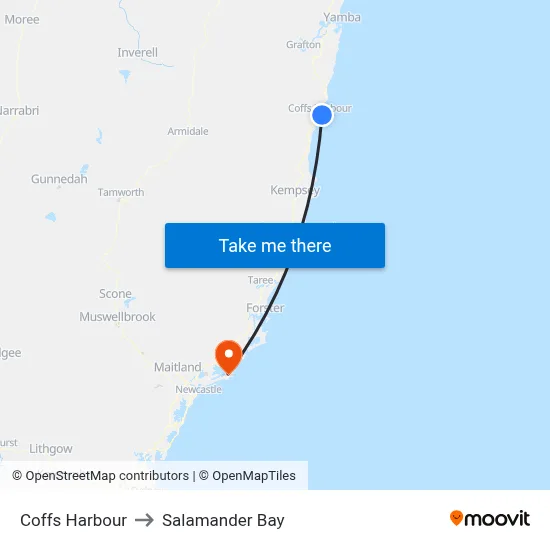 Coffs Harbour to Salamander Bay map
