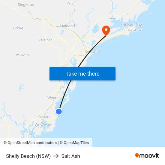 Shelly Beach (NSW) to Salt Ash map