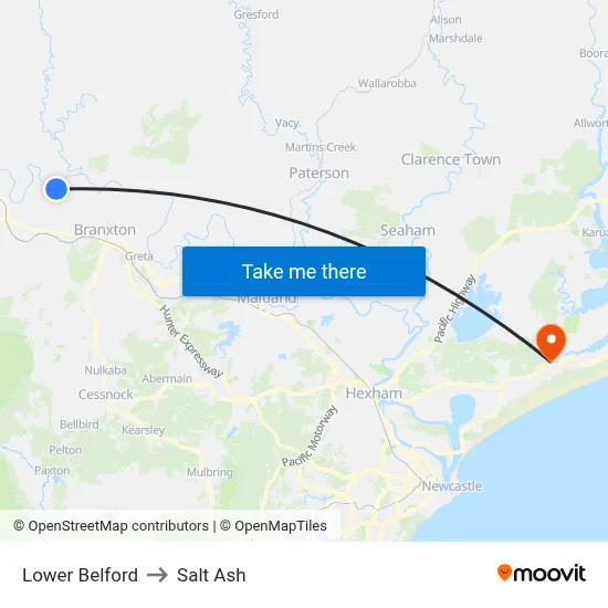Lower Belford to Salt Ash map