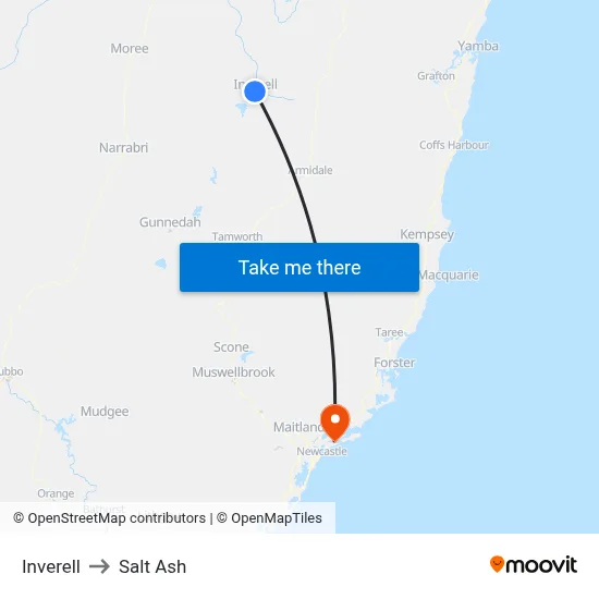 Inverell to Salt Ash map