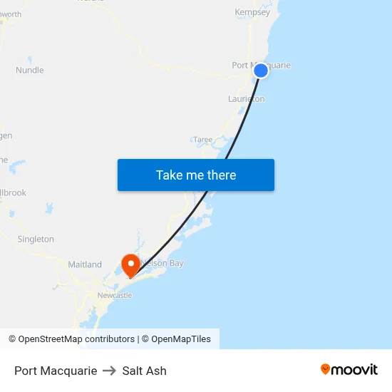 Port Macquarie to Salt Ash map