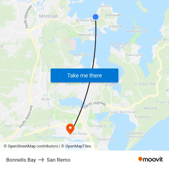 Bonnells Bay to San Remo map