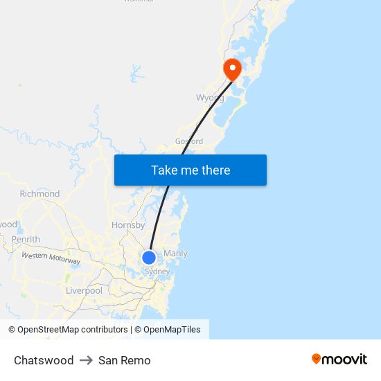 Chatswood to San Remo map