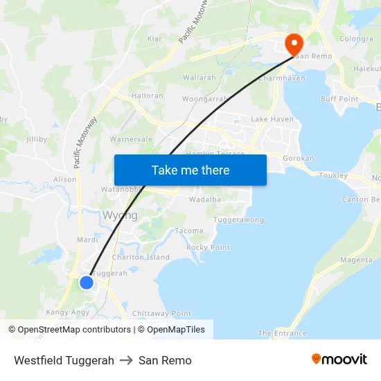 Westfield Tuggerah to San Remo map
