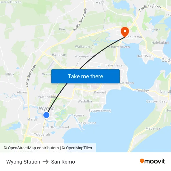 Wyong Station to San Remo map