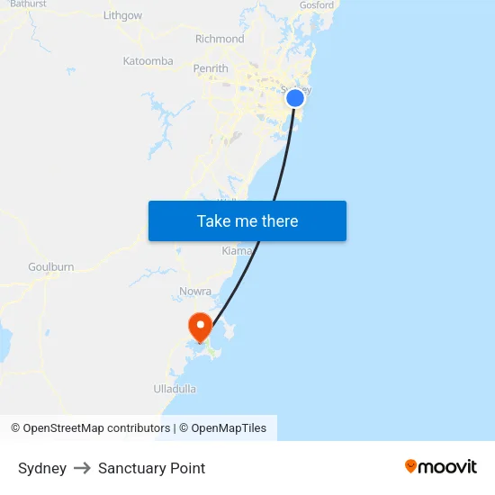Sydney to Sanctuary Point map