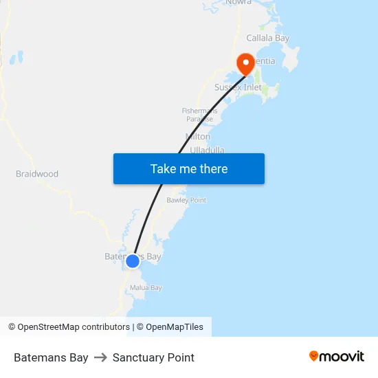 Batemans Bay to Sanctuary Point map