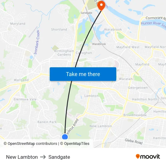 New Lambton to Sandgate map