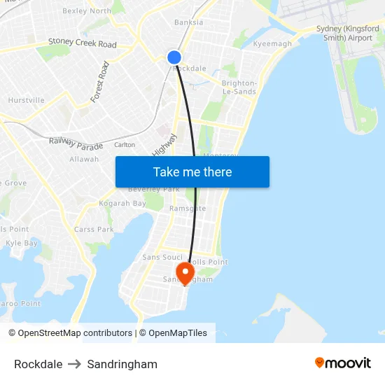 Rockdale to Sandringham map
