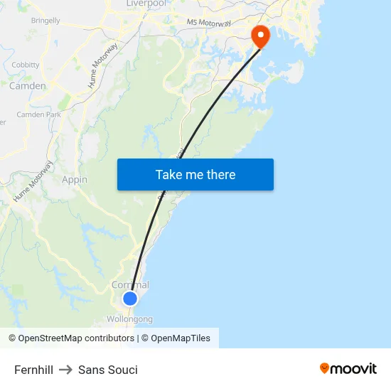 Fernhill to Sans Souci map