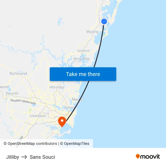 Jilliby to Sans Souci map