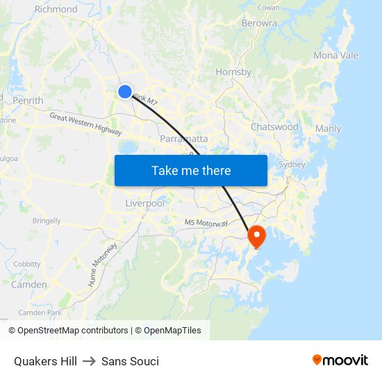 Quakers Hill to Sans Souci map