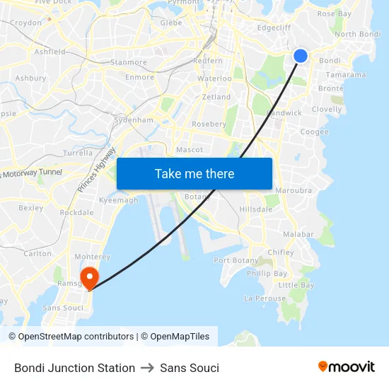 Bondi Junction Station to Sans Souci map