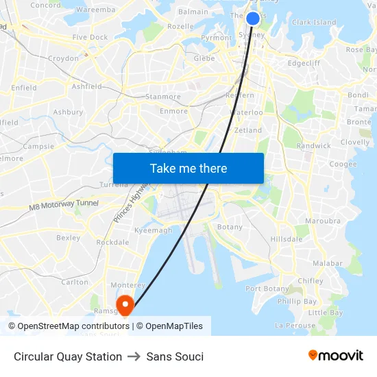 Circular Quay Station to Sans Souci map