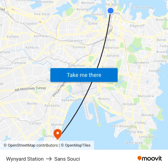 Wynyard Station to Sans Souci map