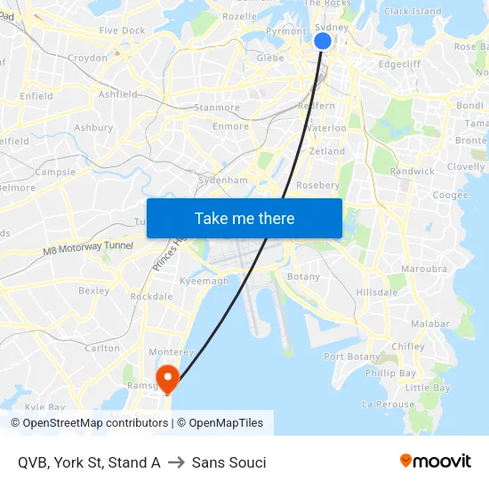 QVB, York St, Stand A to Sans Souci map