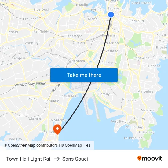 Town Hall Light Rail to Sans Souci map
