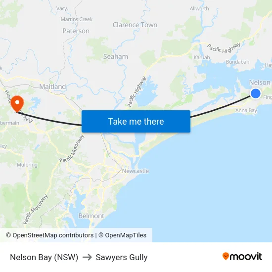 Nelson Bay (NSW) to Sawyers Gully map