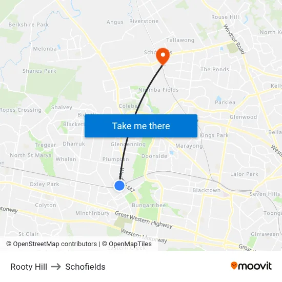 Rooty Hill to Schofields map
