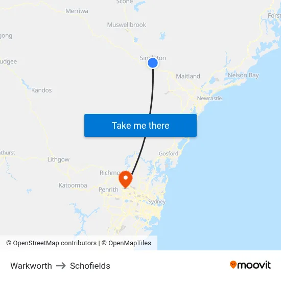 Warkworth to Schofields map