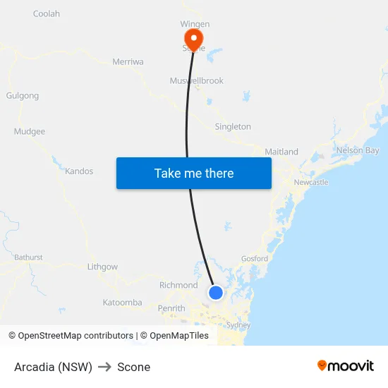 Arcadia (NSW) to Scone map